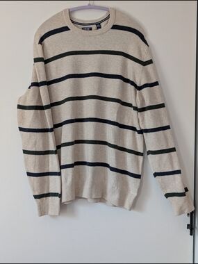 Izod Cream Crewneck Lightweight Sweater with Navy & Dark Green Stripes